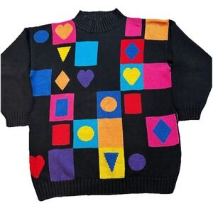 Vintage 90s Huntington Ridge Geometric Shapes Multi Color Sweater Medium Bright